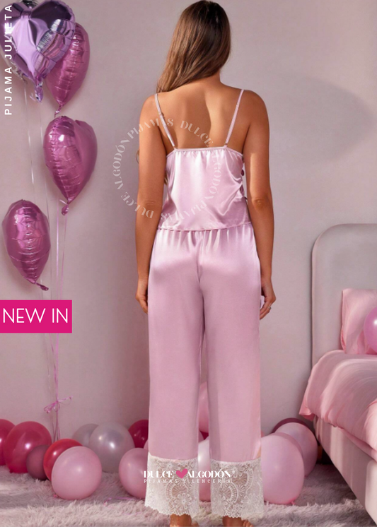 SET JULIETA SATÍN ROSA BEBÉ ENCAJE BLANCO