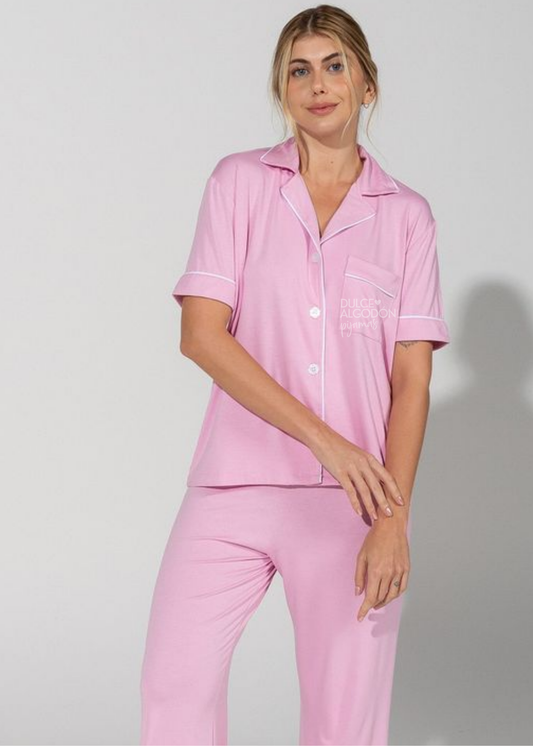 SET MARIANNE SEMI CORTO ROSADO RIBETES BLANCOS ALGODÓN PIMA