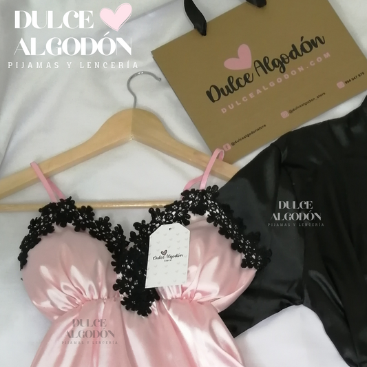 SET ANASTASIA ROSADO Y NEGRO SATÍN