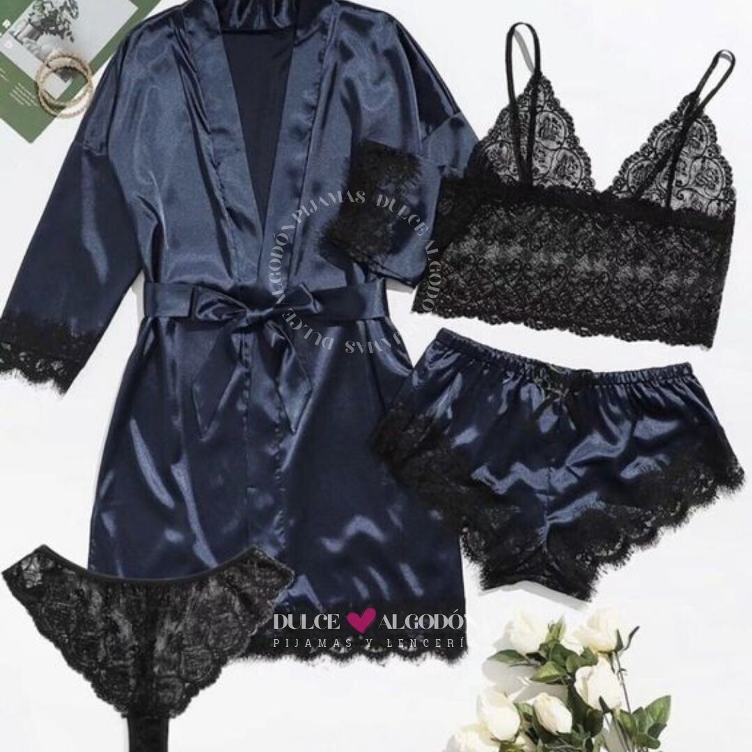 PACK ALBA AZUL NOCHE 4 PIEZAS SATÍN – DULCE ALGODÓN PIJAMAS