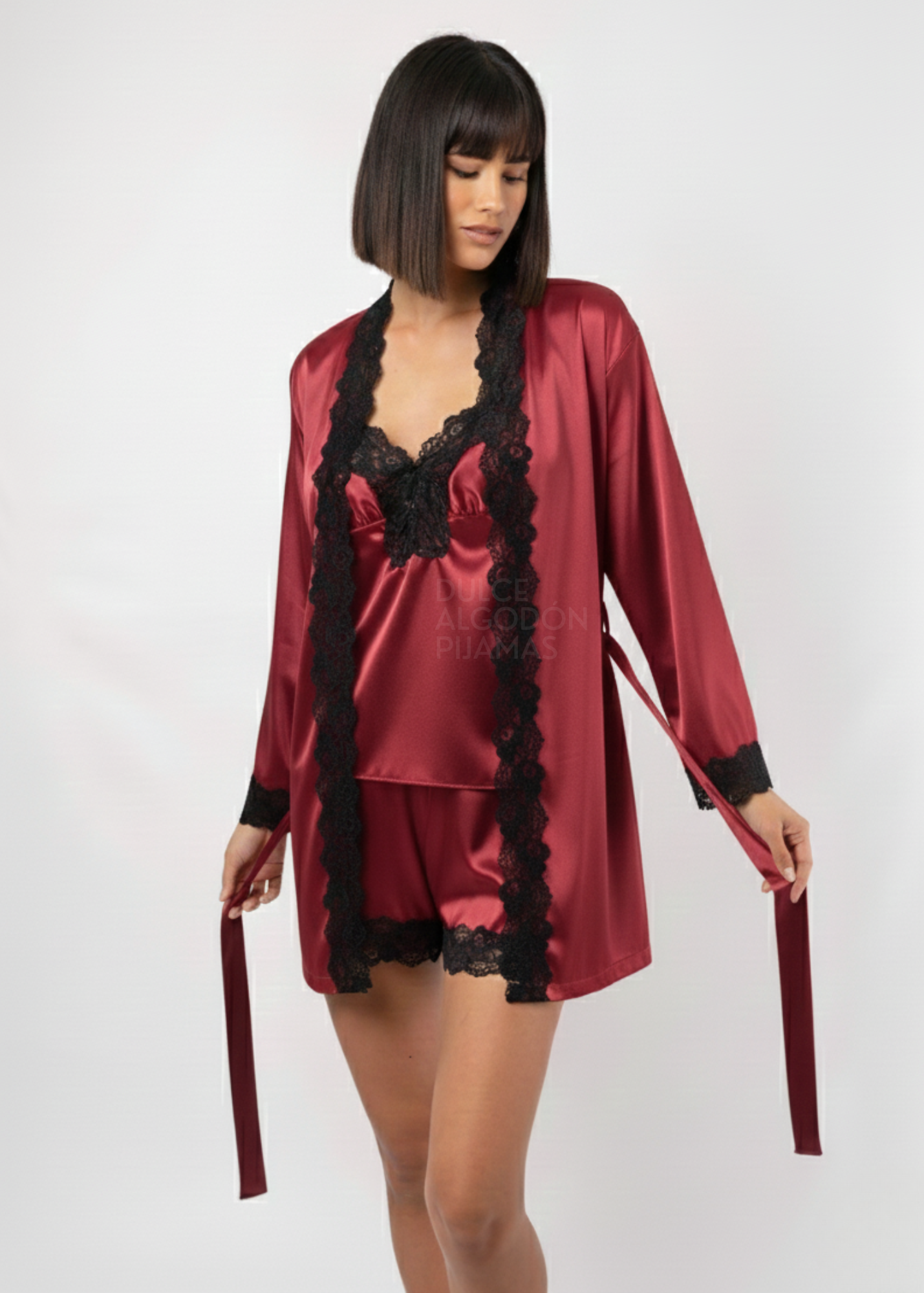 PACK 5 PIEZAS CATALINA SATIN VINO ENCAJE NEGRO