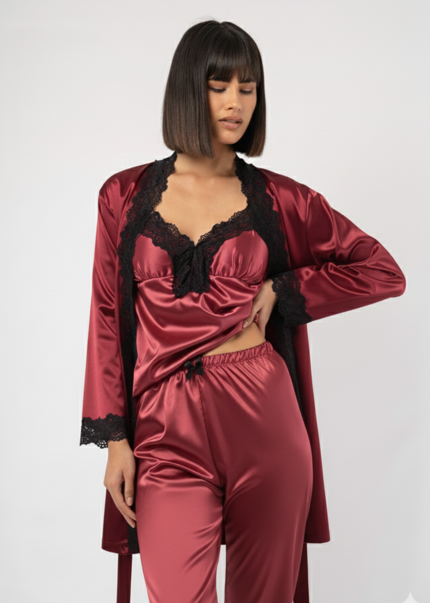 PACK 5 PIEZAS CATALINA SATIN VINO ENCAJE NEGRO