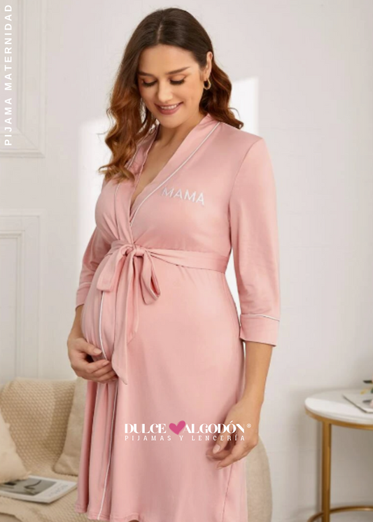 BATA MINERVA PREMAMÁ ALGODÓN PIMA CON RIBETES BORDADO MAMÁ