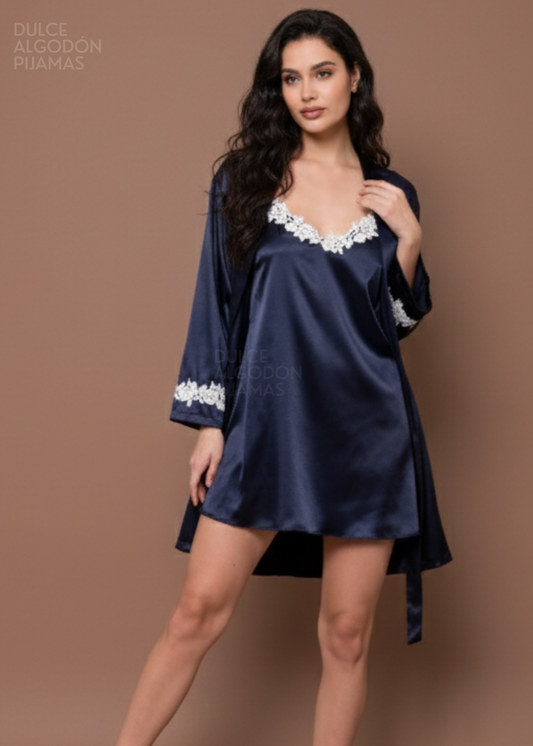 VESTIDO Y BATA XIMENA AZUL NOCHE SATIN