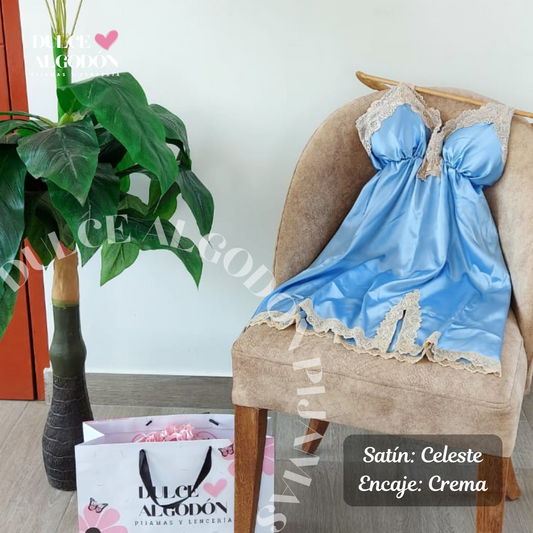 VESTIDO ANTONIA CELESTE Y CREMA